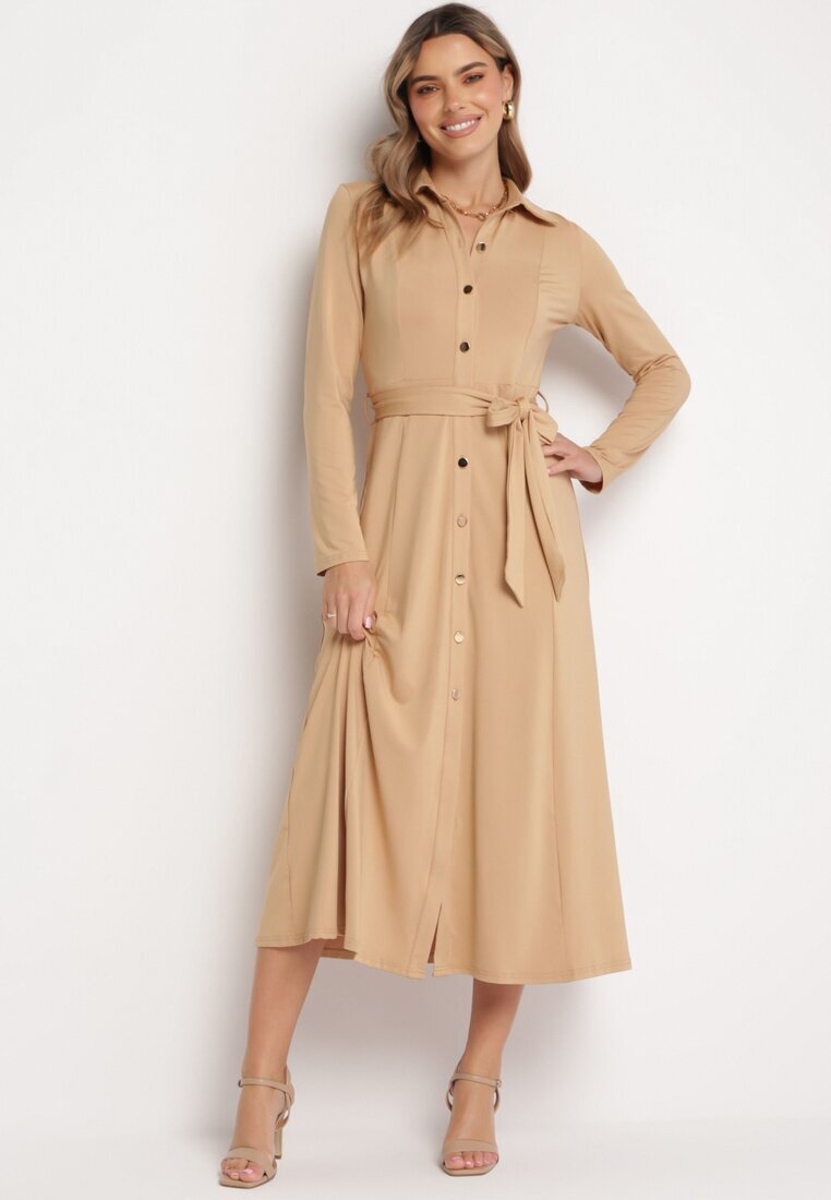 by swan Rochie Maxi Bej Stil Cămașă Cu Cordon