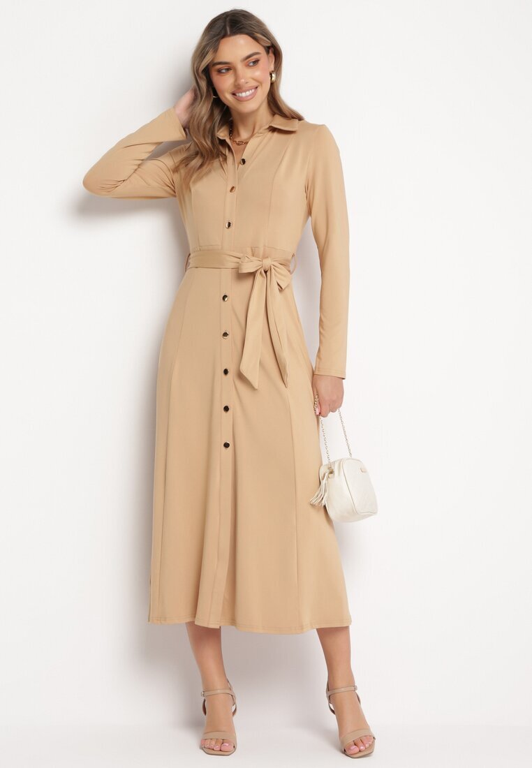 by swan Rochie Maxi Bej Stil Cămașă Cu Cordon