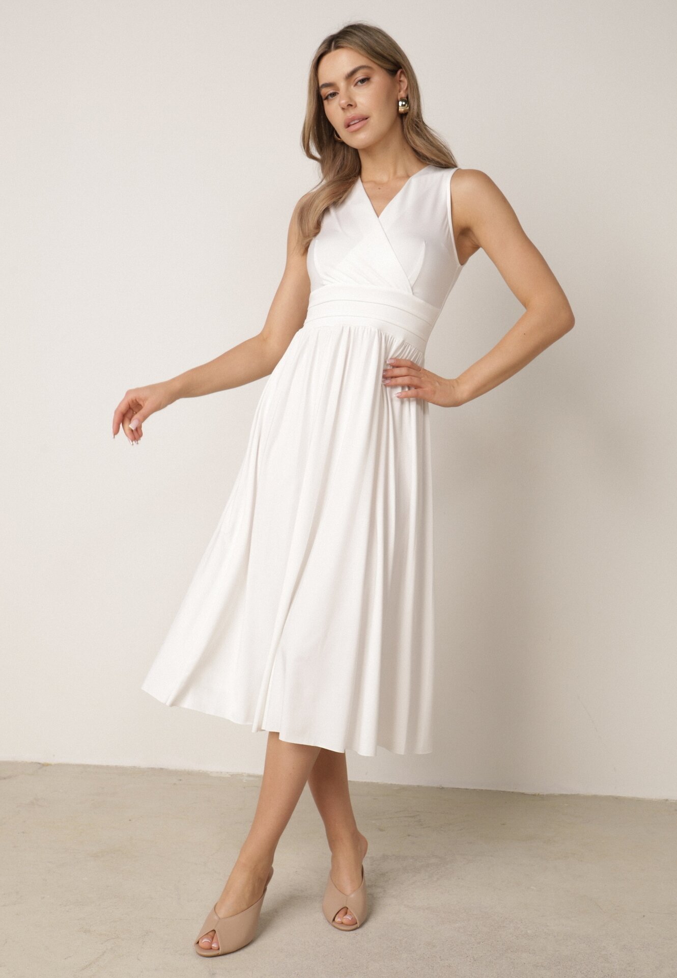 by swan Rochie Midi Albă fără mâneci cu tiv plisat Dreana