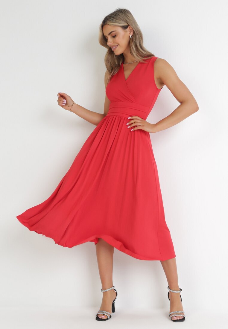 by swan Rochie Midi Roșie Fără Mâneci cu Tiv Plisat Dreana