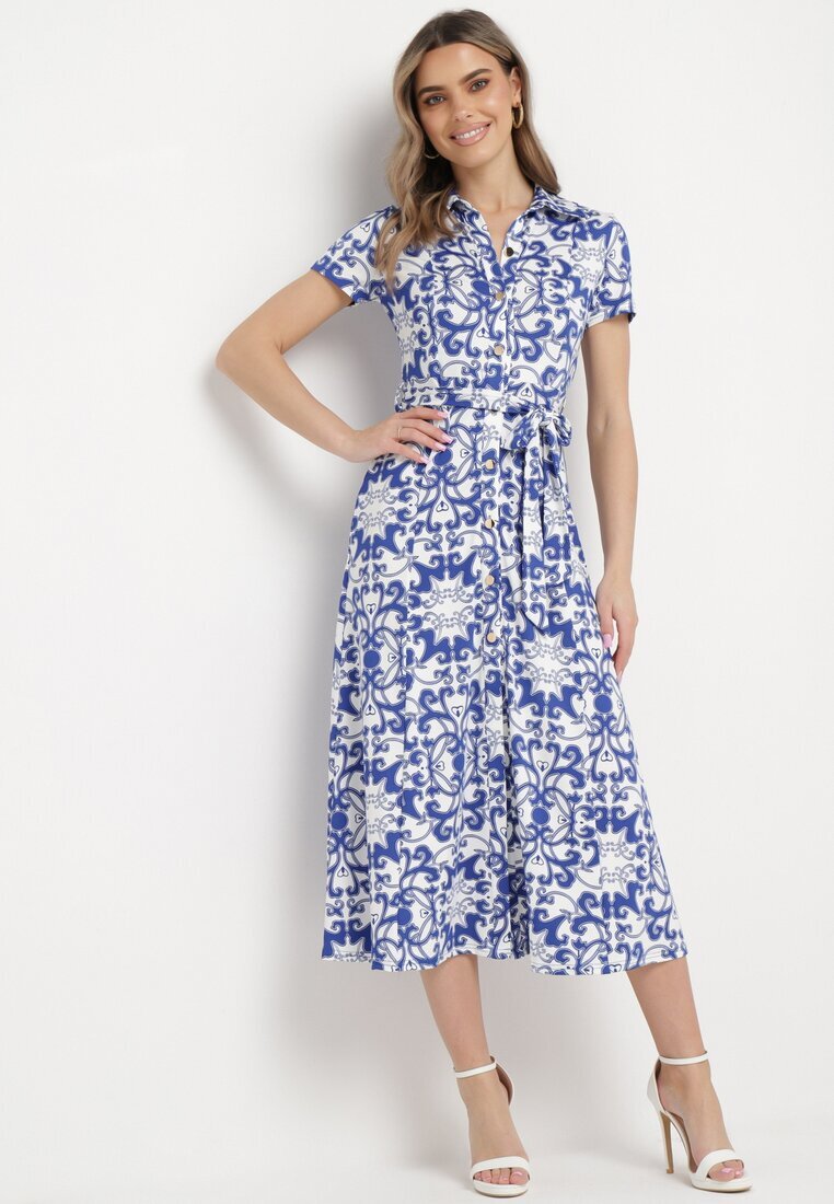 by swan Rochie Midi tip cămașă Alb-Bleumarin cu Cordon în Talie cu Imprimeu Ornamental Fiamea