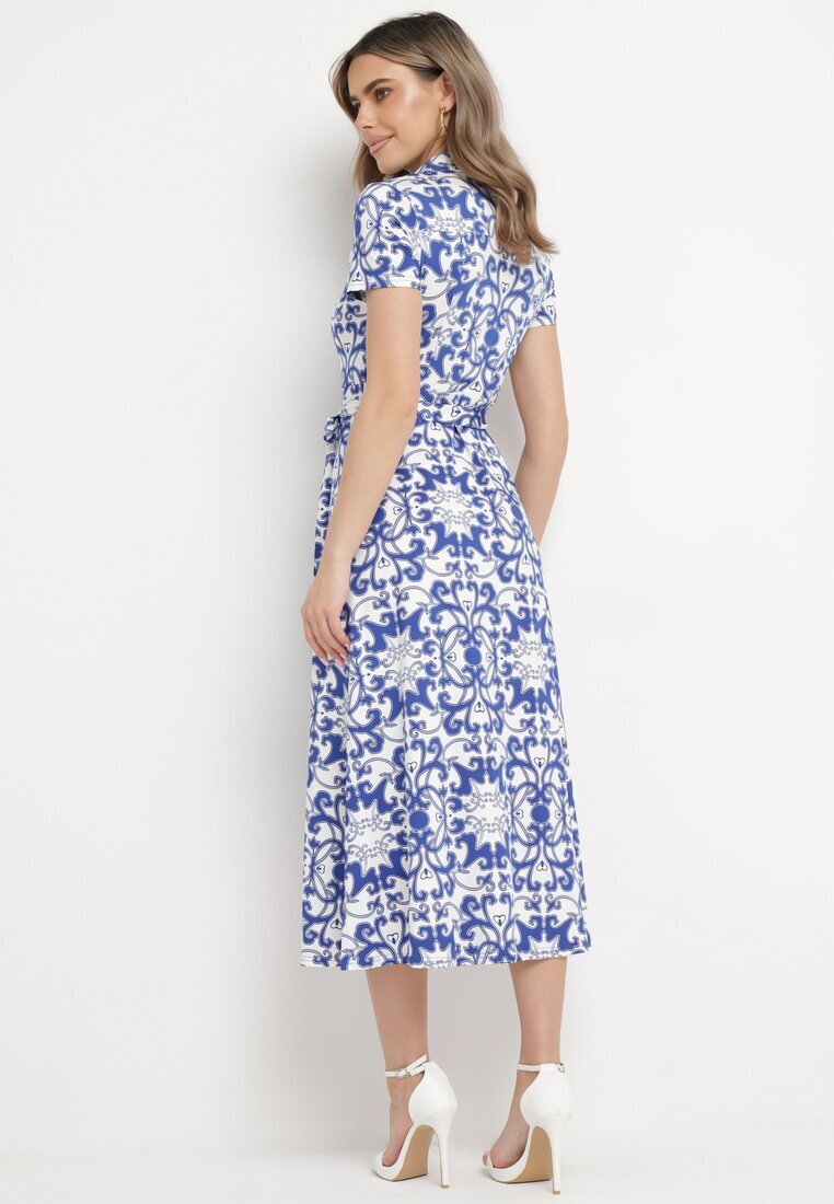 by swan Rochie Midi tip cămașă Alb-Bleumarin cu Cordon în Talie cu Imprimeu Ornamental Fiamea