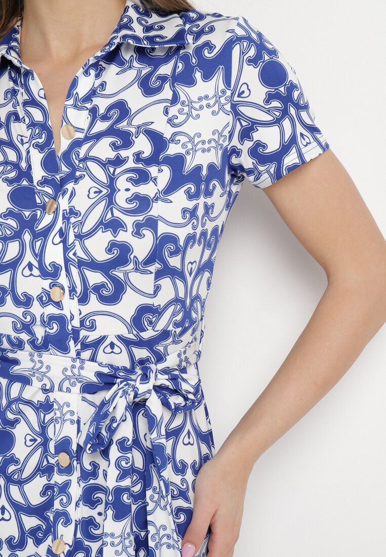 by swan Rochie Midi tip cămașă Alb-Bleumarin cu Cordon în Talie cu Imprimeu Ornamental Fiamea