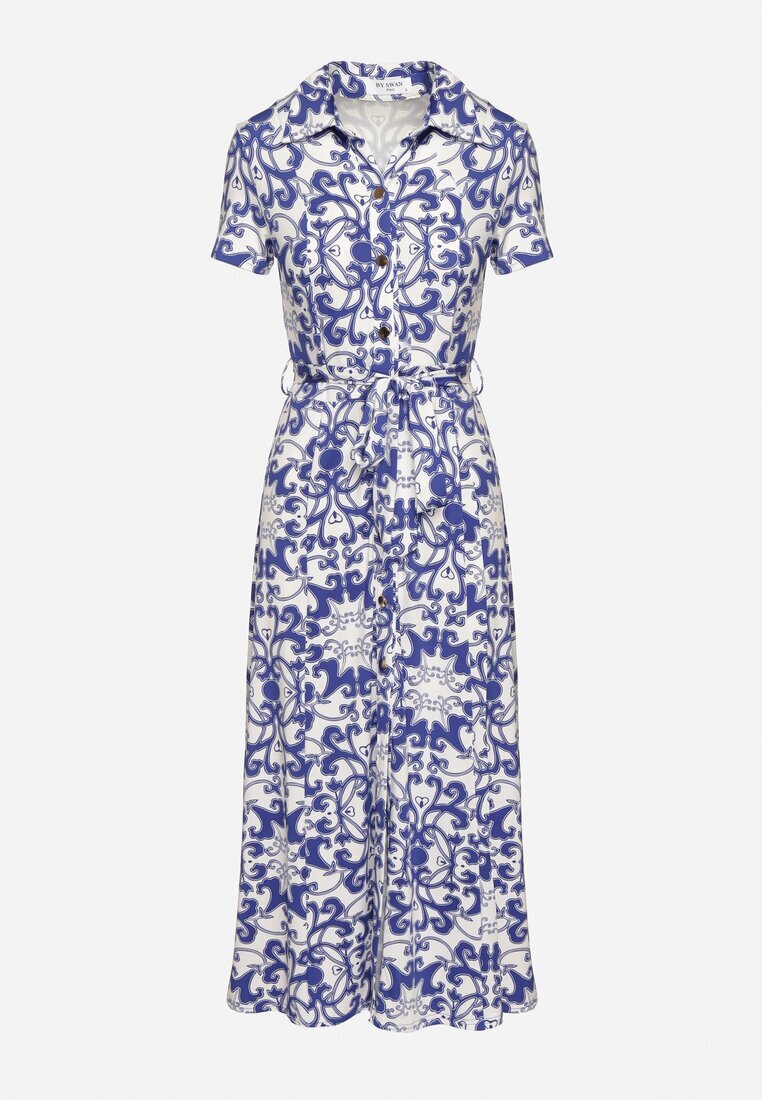 by swan Rochie Midi tip cămașă Alb-Bleumarin cu Cordon în Talie cu Imprimeu Ornamental Fiamea