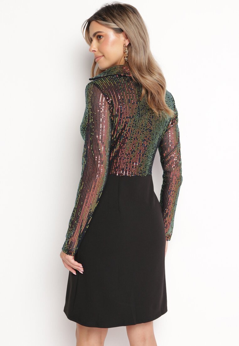by swan Rochie Mini Negru-Verde cu paiete cu parte superioară tip cămașă și curea cu cataramă Fiorena