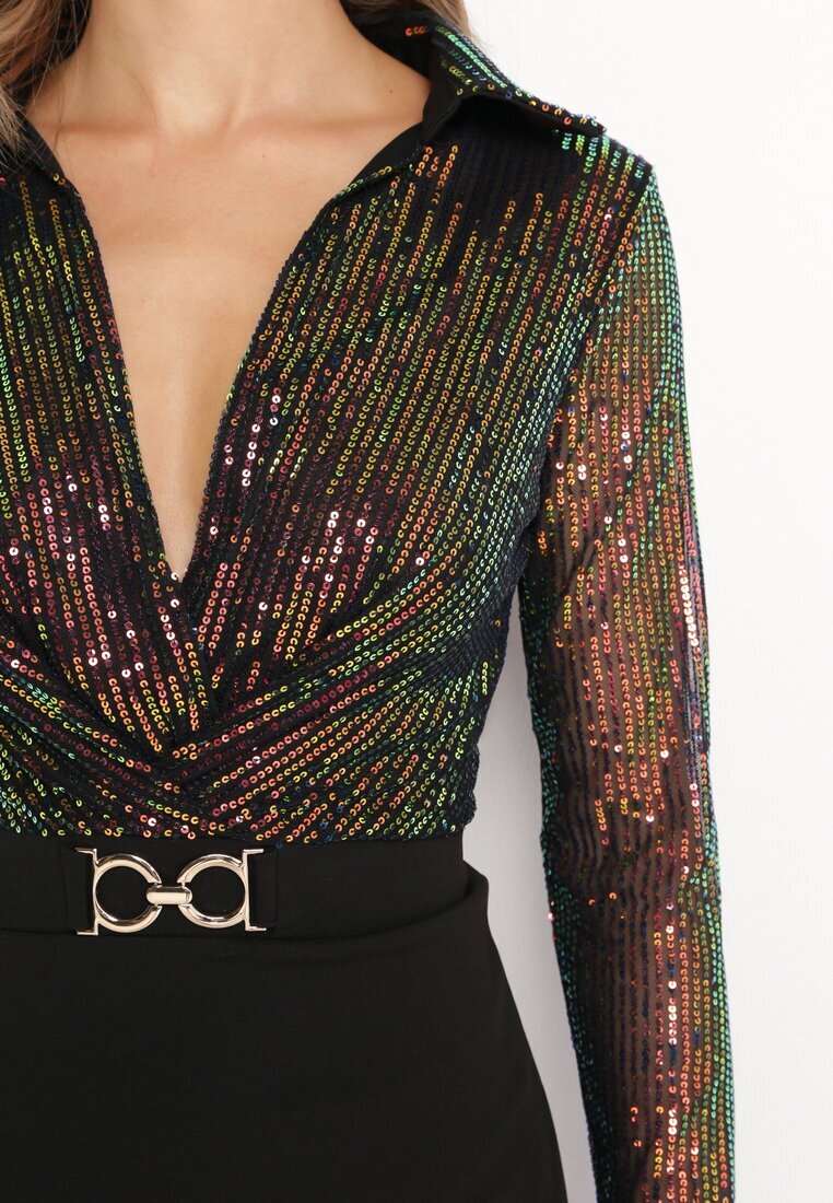 by swan Rochie Mini Negru-Verde cu paiete cu parte superioară tip cămașă și curea cu cataramă Fiorena