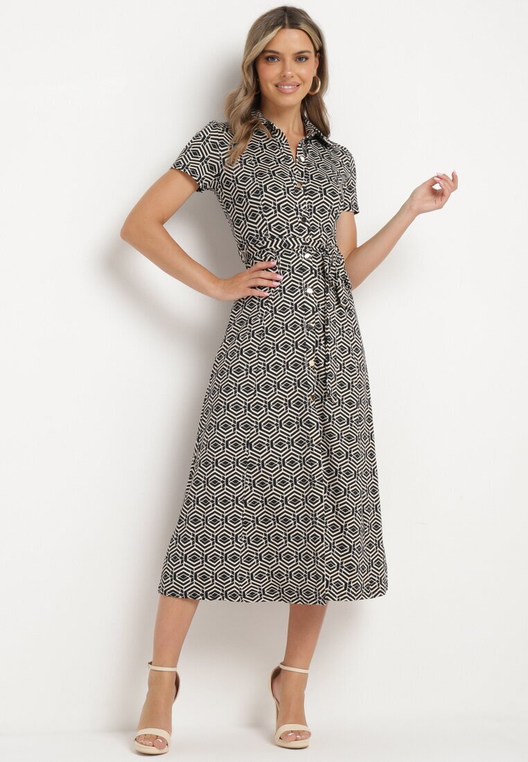 by swan Rochie Neagră Cambrată cu croială tip cămașă Încheiată cu nasturi cu model geometric Parra