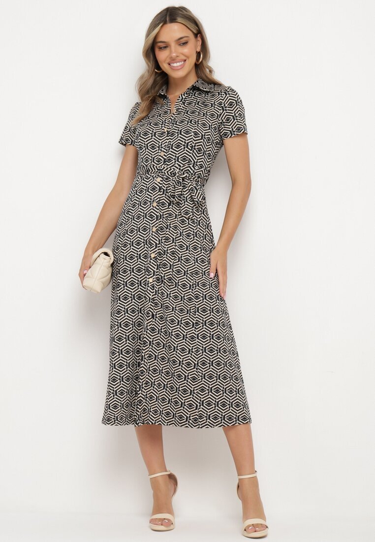 by swan Rochie Neagră Cambrată cu croială tip cămașă Încheiată cu nasturi cu model geometric Parra