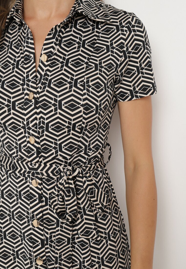 by swan Rochie Neagră Cambrată cu croială tip cămașă Încheiată cu nasturi cu model geometric Parra