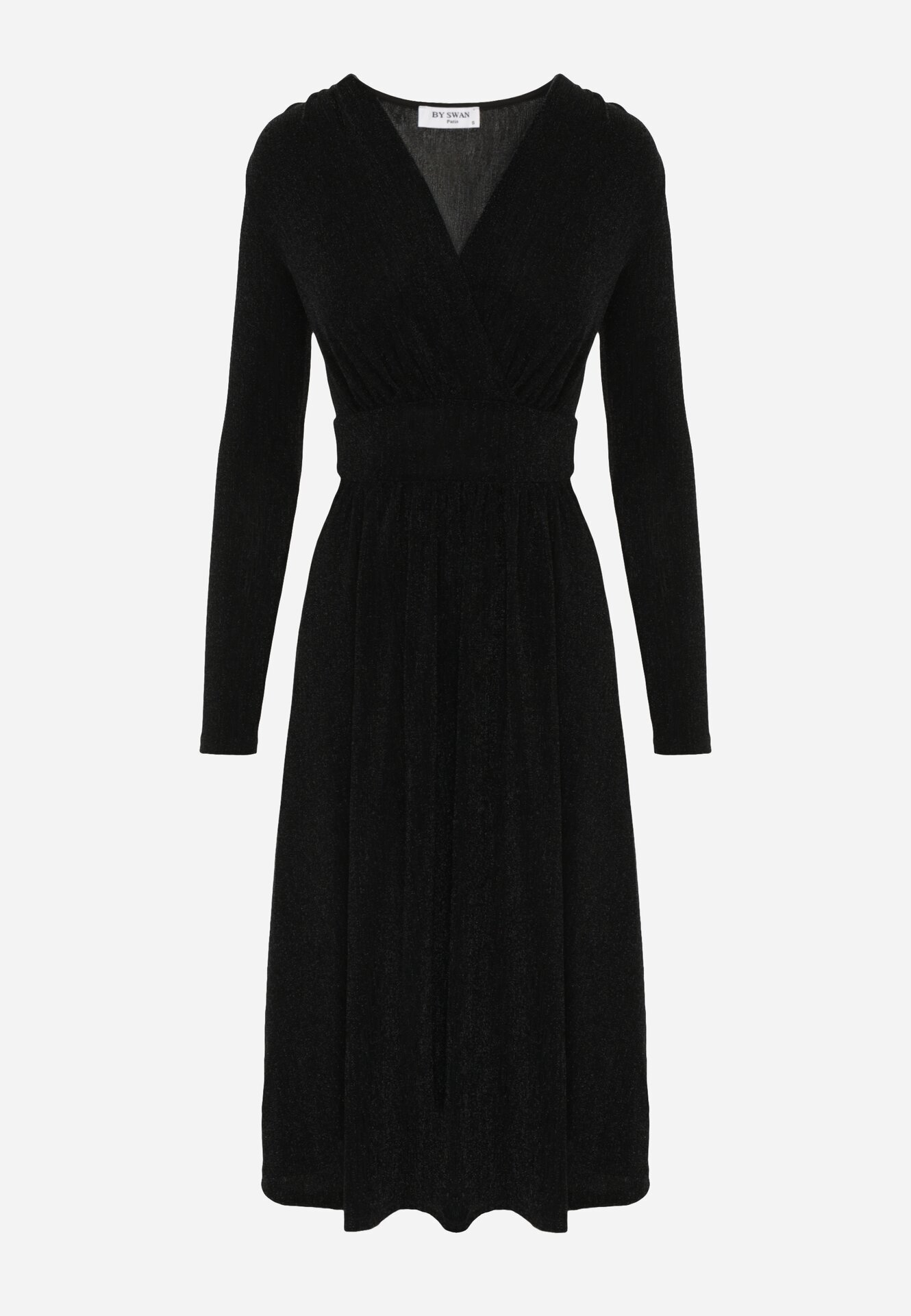 by swan Rochie neagră cambrată cu viscoză cu croială evazată decorată cu fir metalic Mesinae