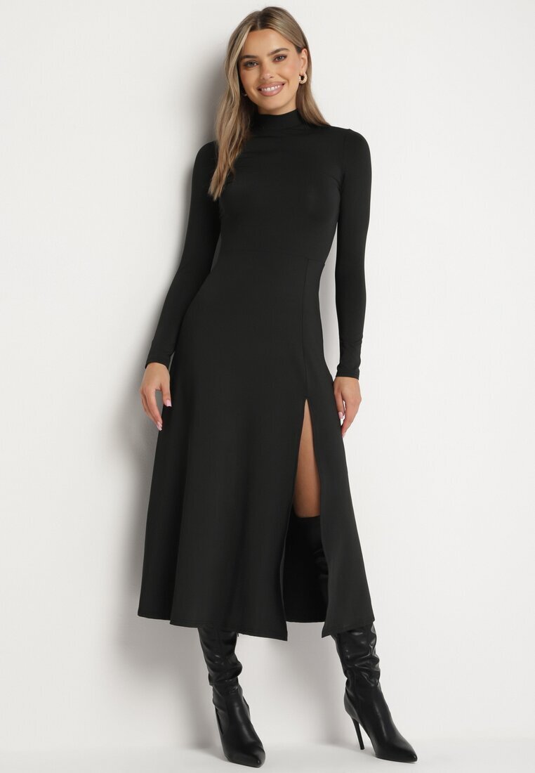 by swan Rochie Neagră cu Semi-guler Cambrată cu Slit lateral Sailea