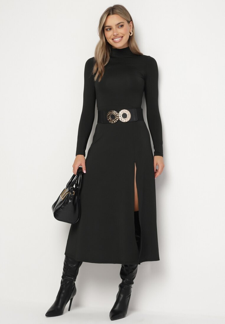 by swan Rochie Neagră cu Semi-guler Cambrată cu Slit lateral Sailea