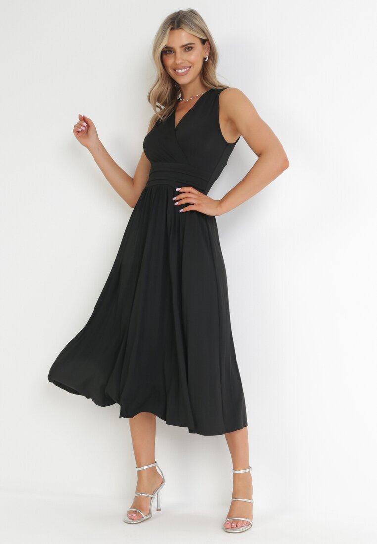 by swan Rochie Neagră Midi Fără Mâneci cu Tiv Plisat Dreana