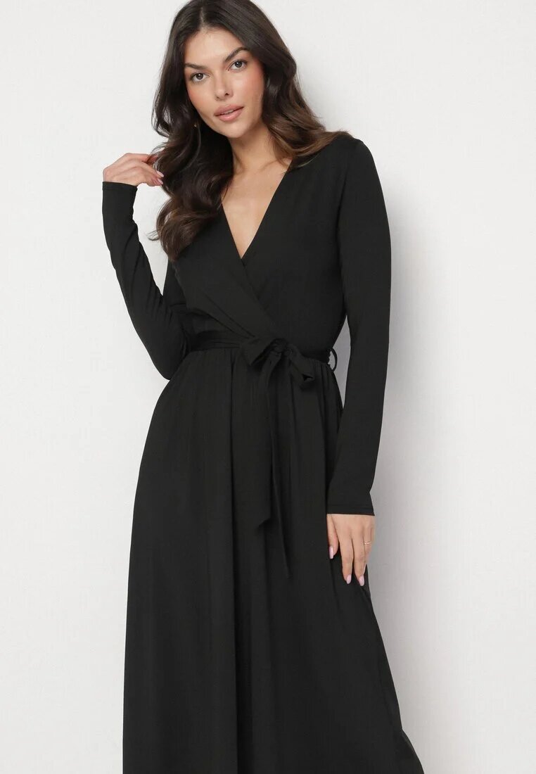 by swan Rochie neagră tip plic din Viscoză legată în talie Drestalia