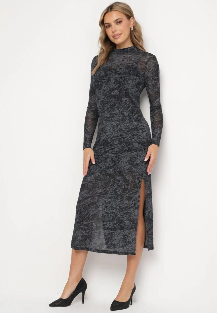 by swan Rochie Negru-Gri din plasă cu viscoză cu croială mulată cu fante și jupă Histaria