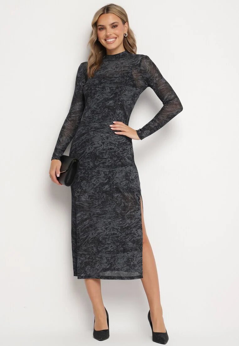 by swan Rochie Negru-Gri din plasă cu viscoză cu croială mulată cu fante și jupă Histaria