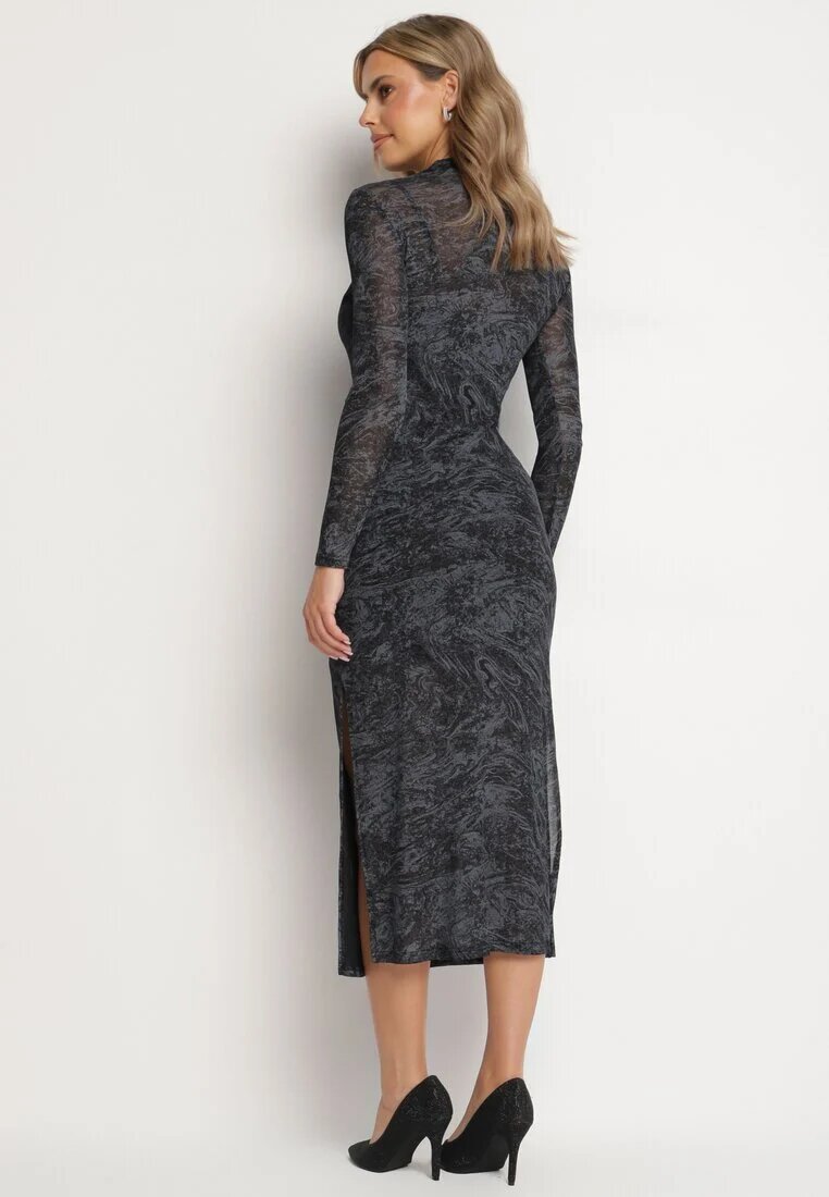 by swan Rochie Negru-Gri din plasă cu viscoză cu croială mulată cu fante și jupă Histaria