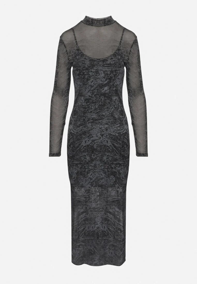 by swan Rochie Negru-Gri din plasă cu viscoză cu croială mulată cu fante și jupă Histaria