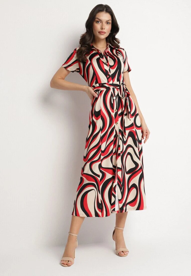 by swan Rochie roșie tip cămașă cu model geometric cu curea Zimorae