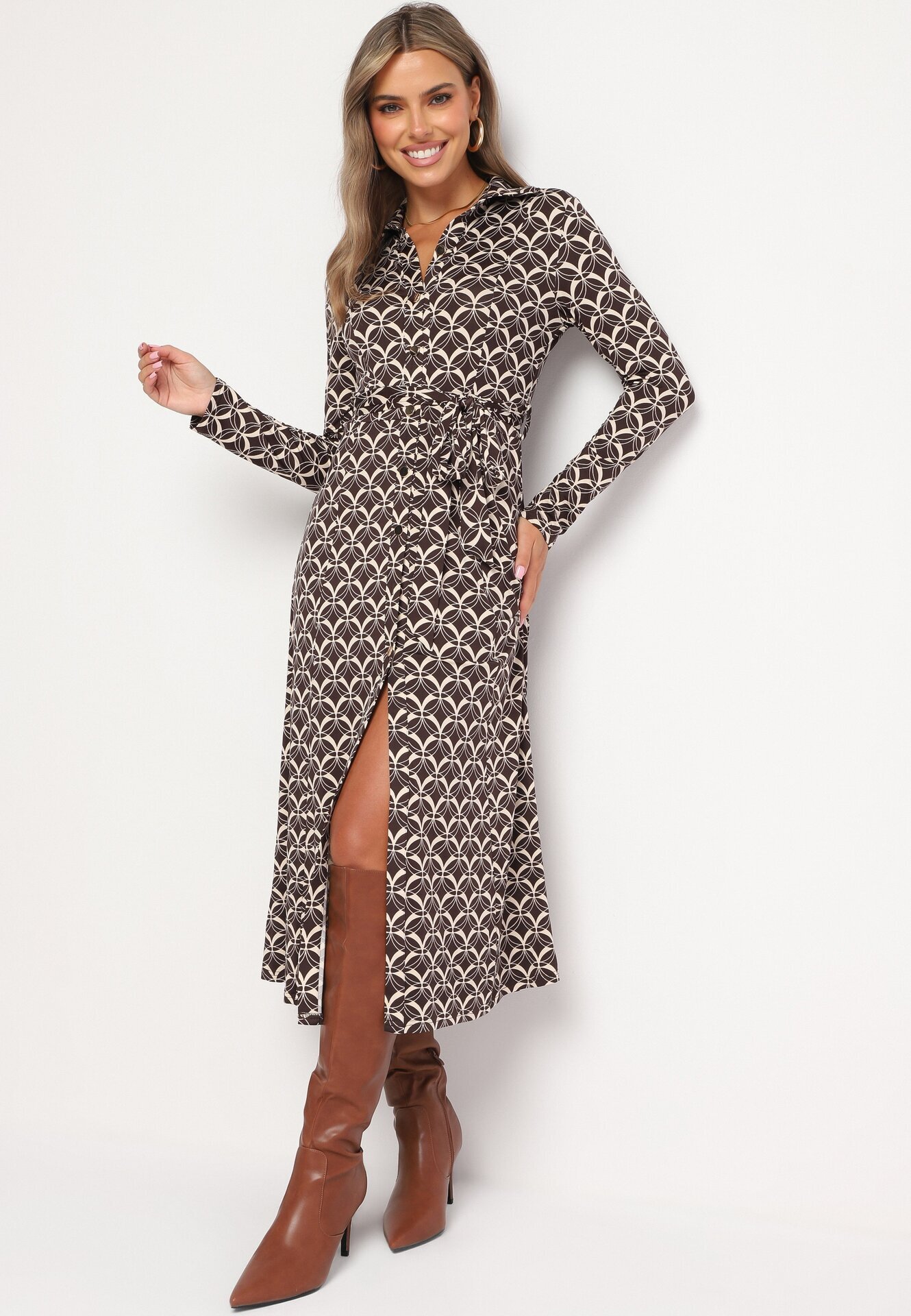 by swan Rochie Tip Cămașă Maro Midi cu Imprimeu Geometric cu Cordon Anelfi