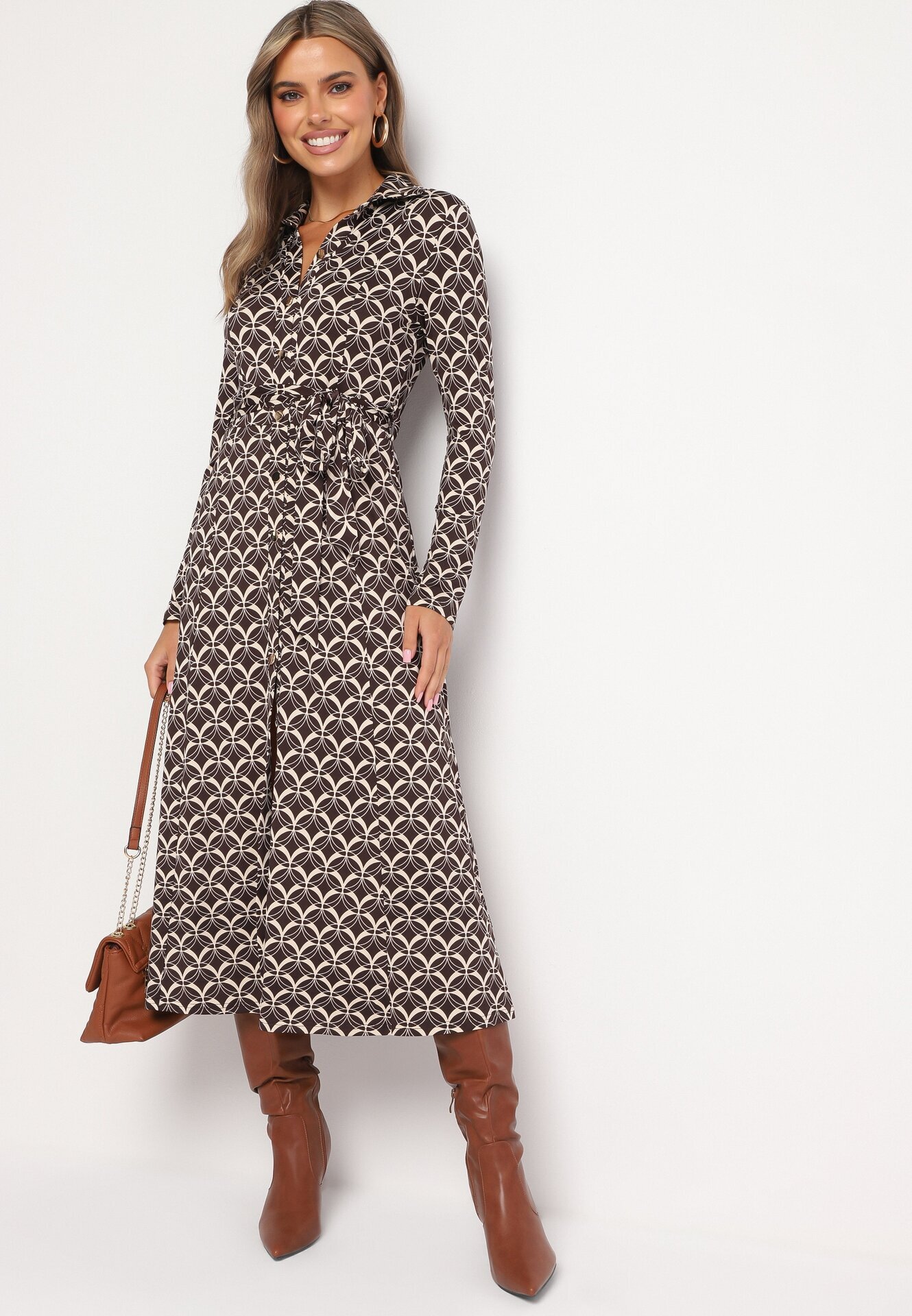 by swan Rochie Tip Cămașă Maro Midi cu Imprimeu Geometric cu Cordon Anelfi