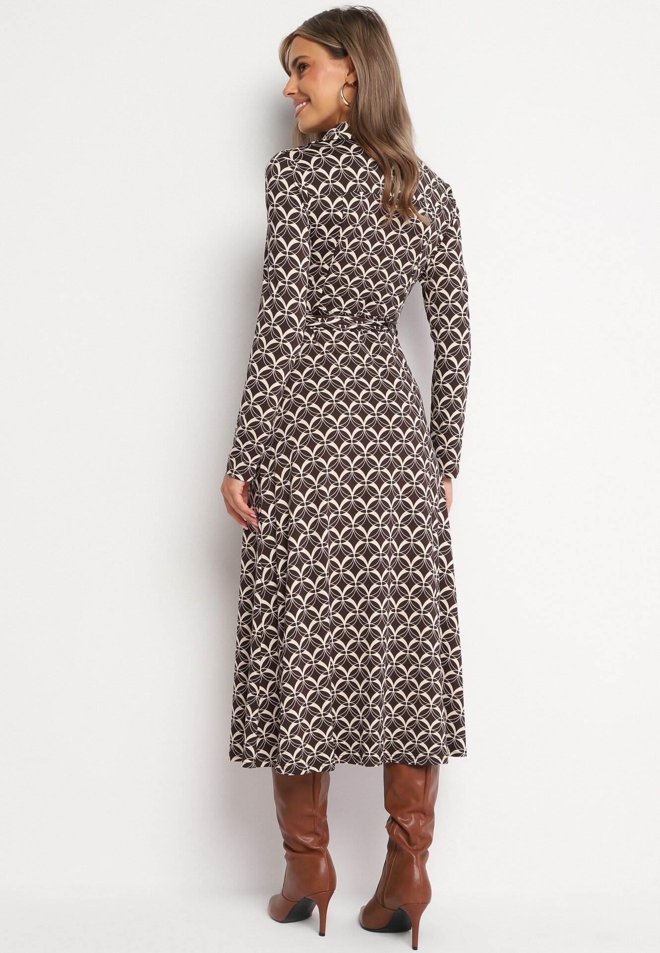 by swan Rochie Tip Cămașă Maro Midi cu Imprimeu Geometric cu Cordon Anelfi
