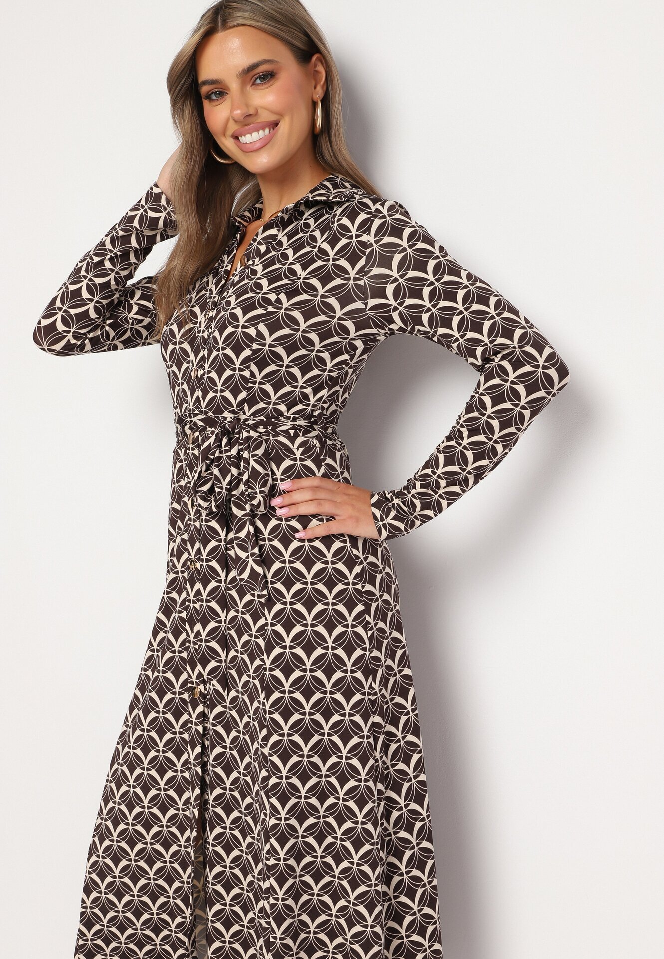 by swan Rochie Tip Cămașă Maro Midi cu Imprimeu Geometric cu Cordon Anelfi
