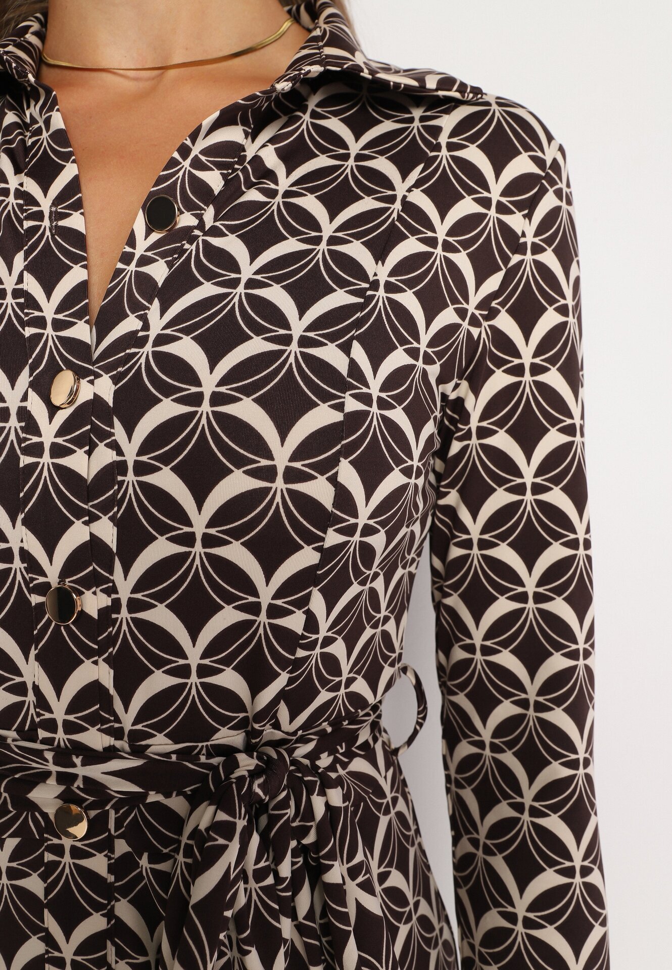 by swan Rochie Tip Cămașă Maro Midi cu Imprimeu Geometric cu Cordon Anelfi