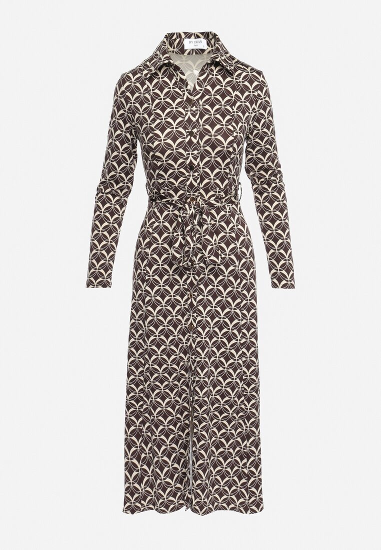 by swan Rochie Tip Cămașă Maro Midi cu Imprimeu Geometric cu Cordon Anelfi