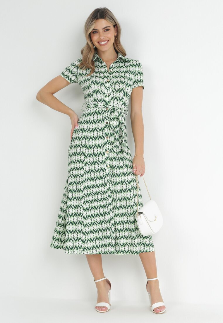 by swan Rochie Tip Cămașă Verde Maxi cu Curea din Material Rainora