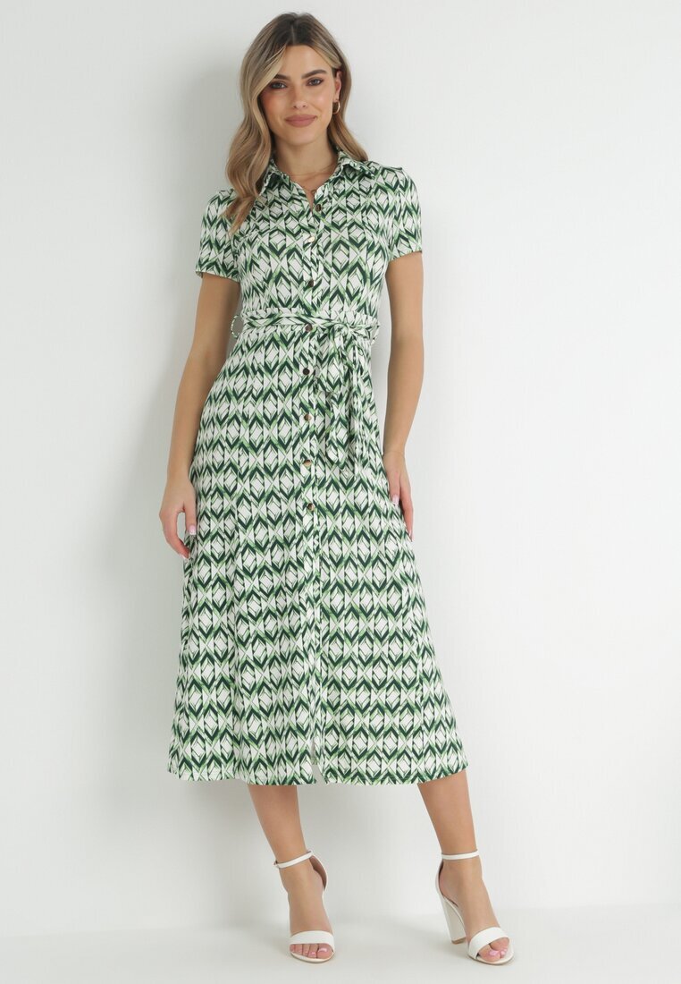 by swan Rochie Tip Cămașă Verde Maxi cu Curea din Material Rainora