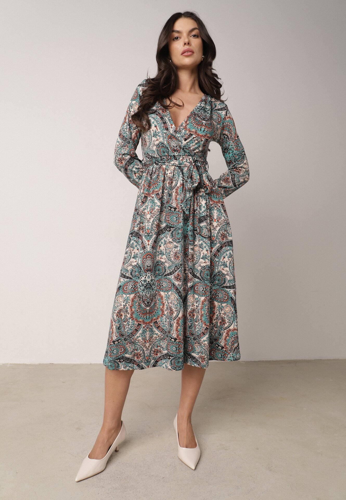 by swan Rochie Verde cu elastic în talie și model Paisley Faendra
