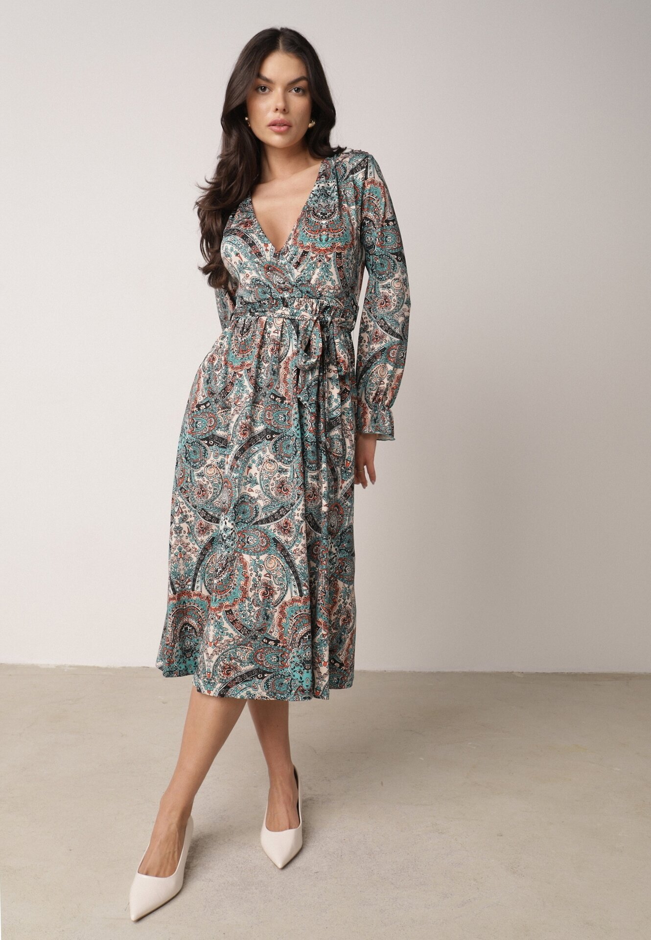 by swan Rochie Verde cu elastic în talie și model Paisley Faendra
