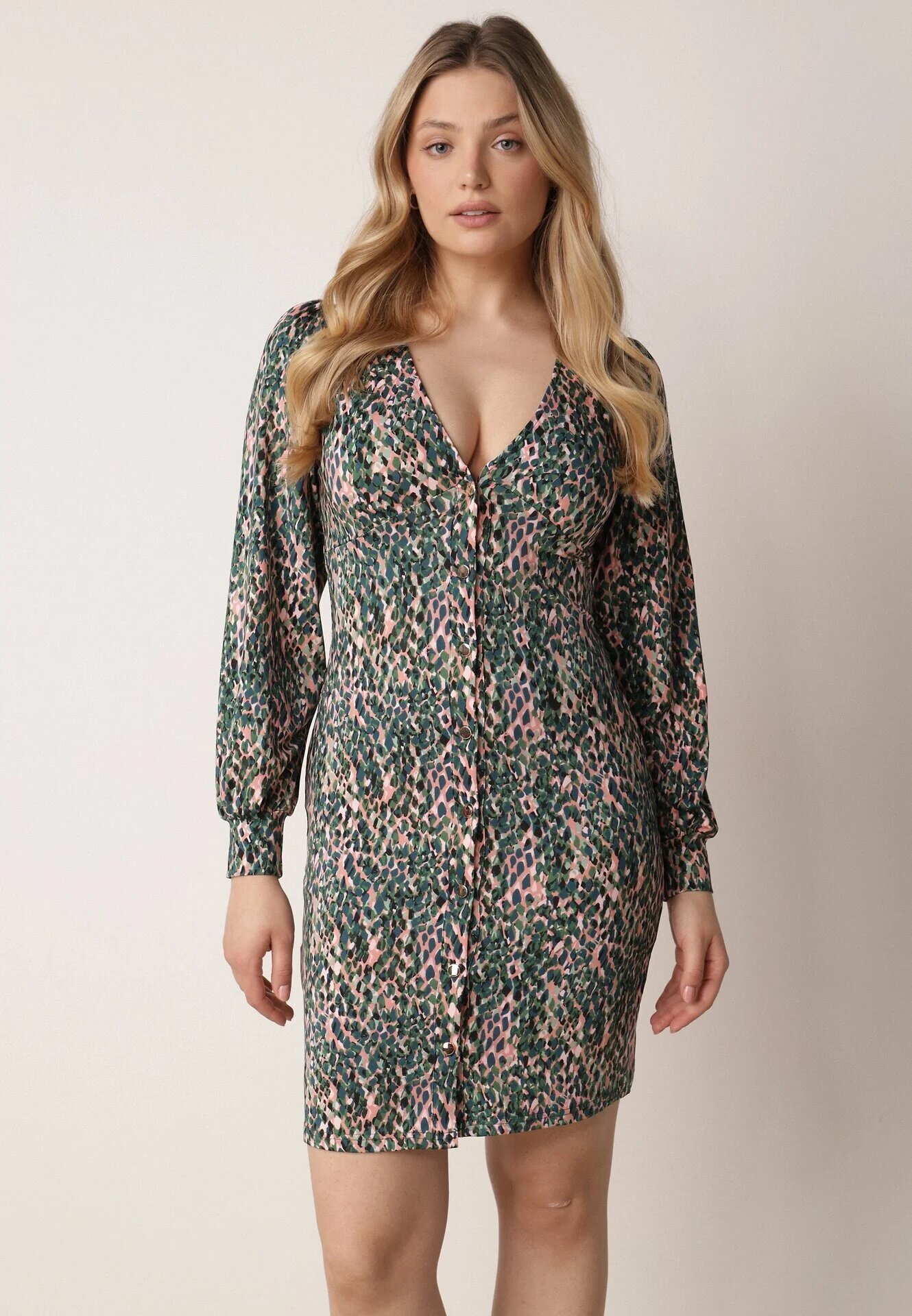 by swan Rochie Verde Mini cu nasturi și Mâneci lungi cu manșete Cynandia