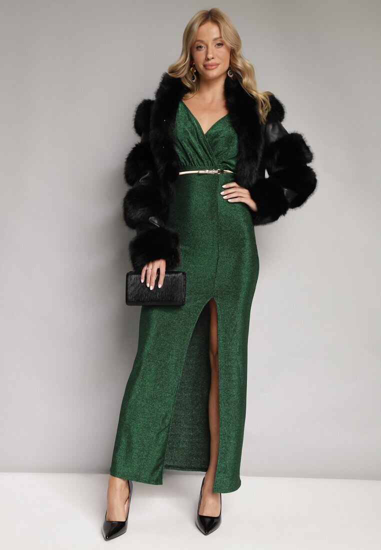 by swan Rochie Verde Strălucitoare Asimetrică Maxi cu Despicătură și Decolteu Petrecut Aknasa