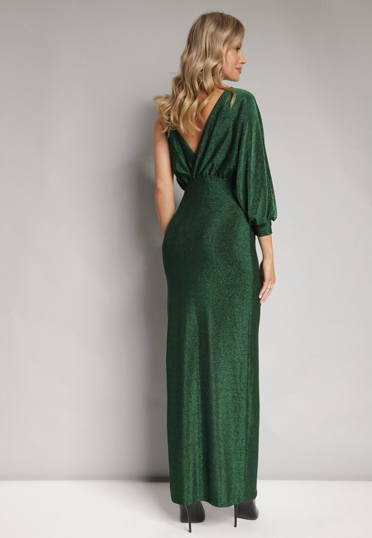 by swan Rochie Verde Strălucitoare Asimetrică Maxi cu Despicătură și Decolteu Petrecut Aknasa