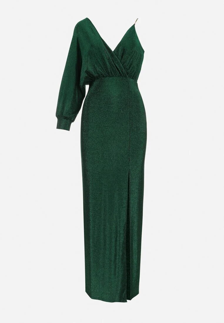 by swan Rochie Verde Strălucitoare Asimetrică Maxi cu Despicătură și Decolteu Petrecut Aknasa