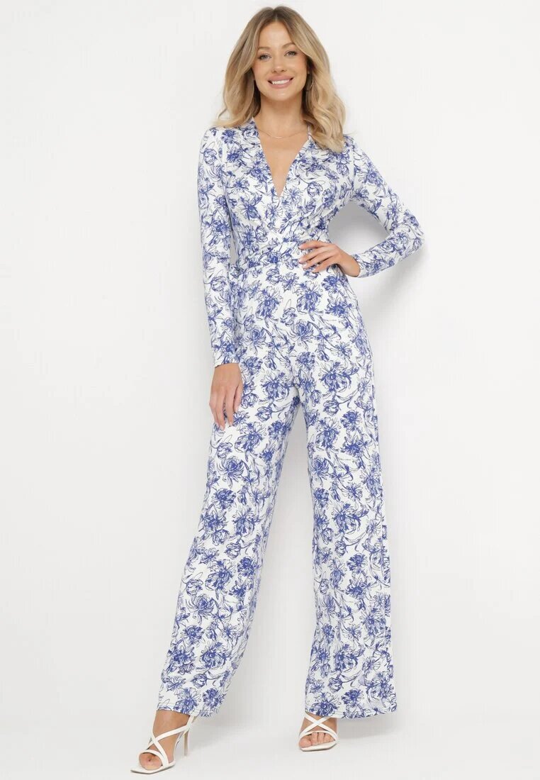 by swan Salopetă Alb-Albastru cu Picioare Lungi și Decolteu Plic cu Imprimeu Floral Alanessa