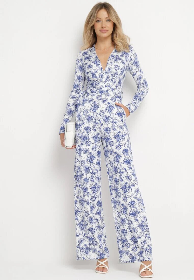 by swan Salopetă Alb-Albastru cu Picioare Lungi și Decolteu Plic cu Imprimeu Floral Alanessa