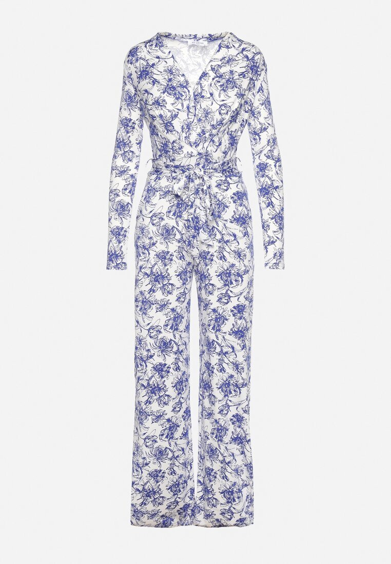 by swan Salopetă Alb-Albastru cu Picioare Lungi și Decolteu Plic cu Imprimeu Floral Alanessa