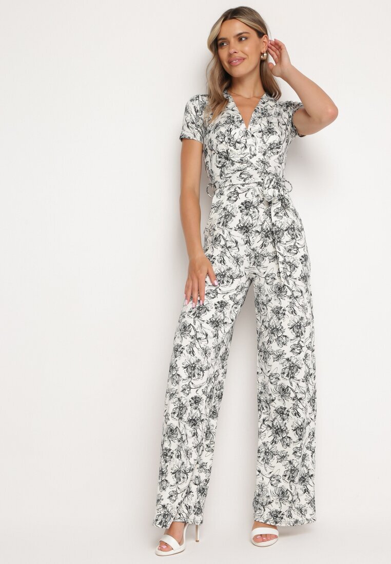 by swan Salopetă Alb-Negru cu Imprimeu Floral cu Mânecă Scurtă și Decolteu în V cu Pantaloni Lungi Nestaanne