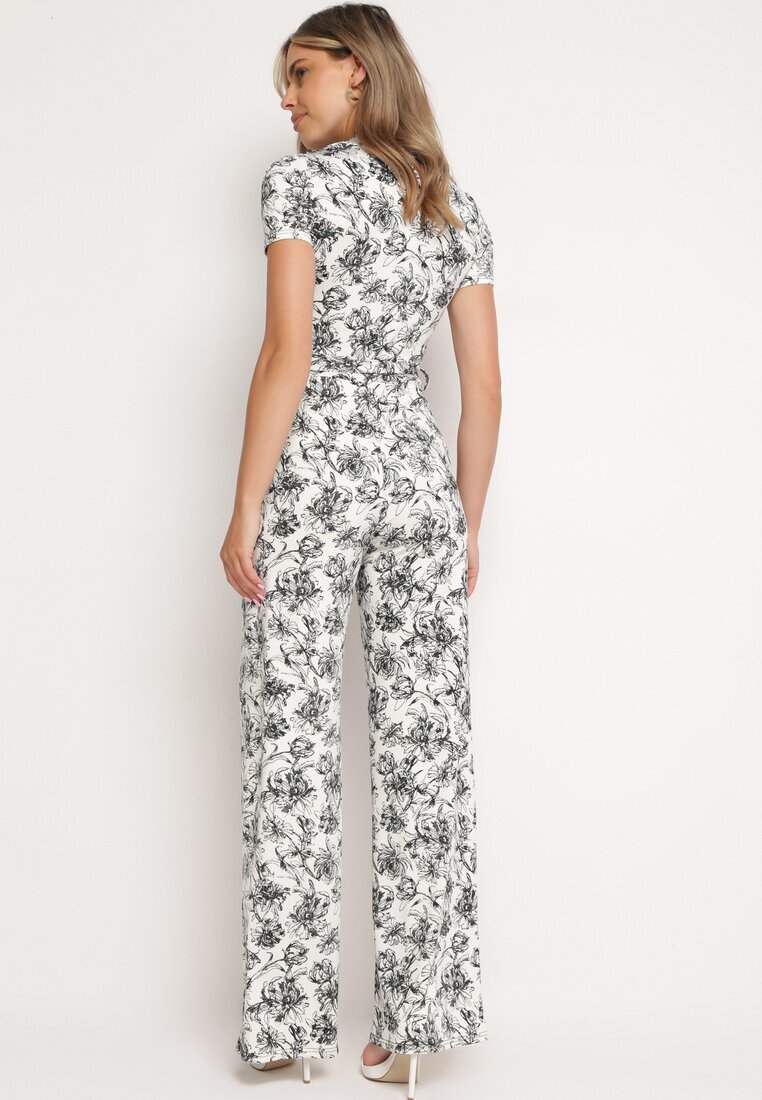 by swan Salopetă Alb-Negru cu Imprimeu Floral cu Mânecă Scurtă și Decolteu în V cu Pantaloni Lungi Nestaanne