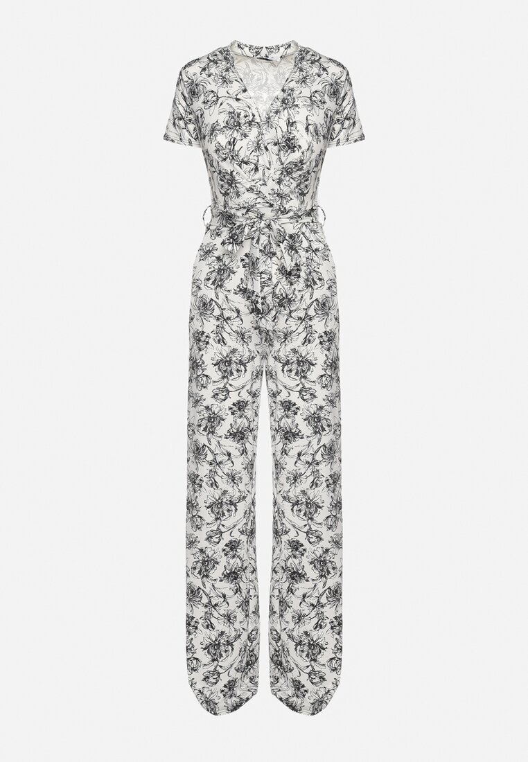 by swan Salopetă Alb-Negru cu Imprimeu Floral cu Mânecă Scurtă și Decolteu în V cu Pantaloni Lungi Nestaanne