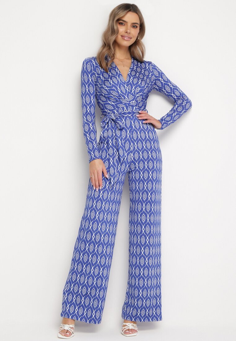 by swan Salopetă Elegantă Bleumarin cu Model Geometric și Curea cu Nod Alullina