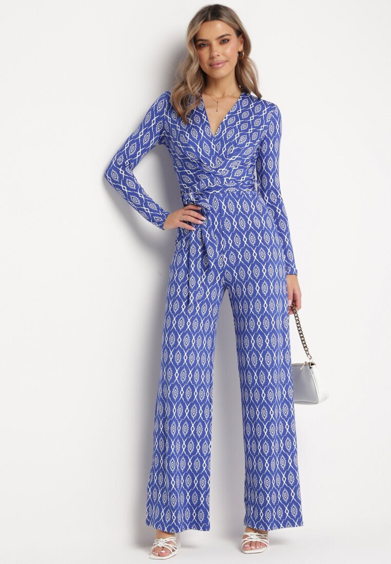 by swan Salopetă Elegantă Bleumarin cu Model Geometric și Curea cu Nod Alullina