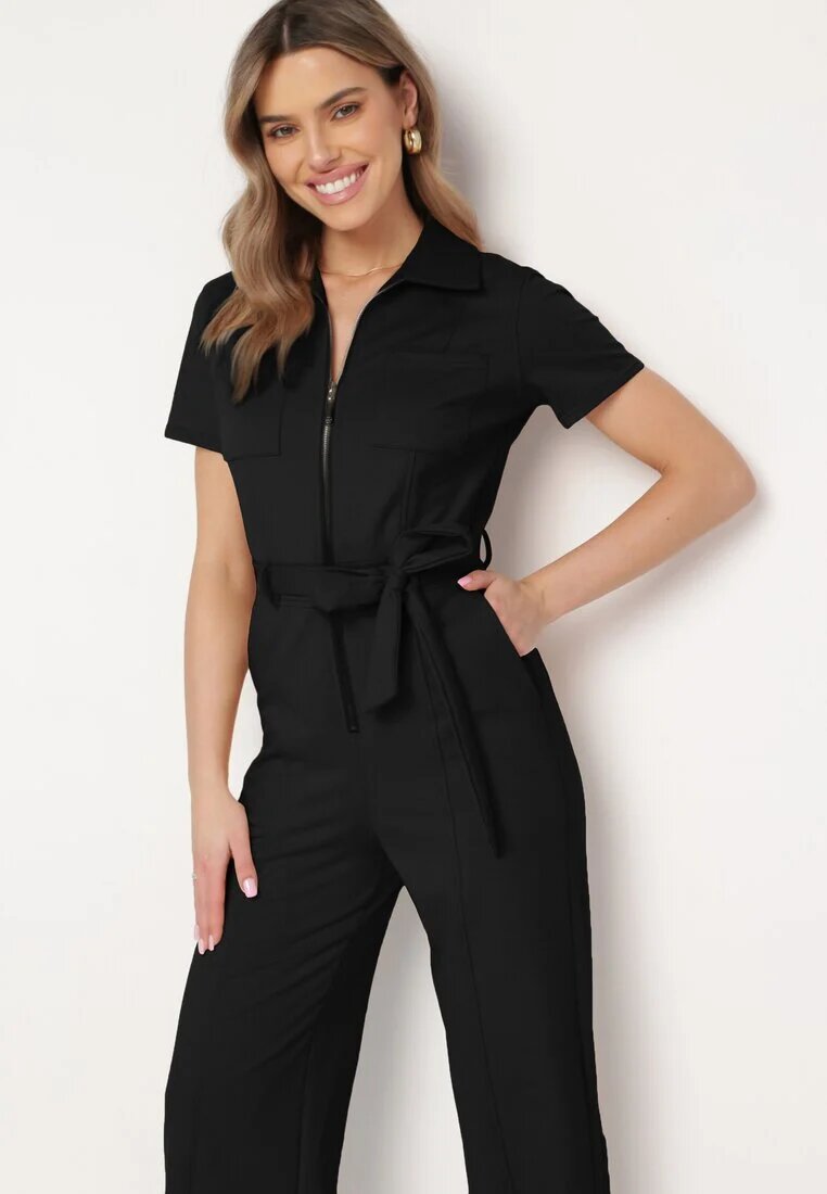 by swan Salopetă Neagră Din bumbac cu picioare drepte cu fermoar și centură în talie Olroura