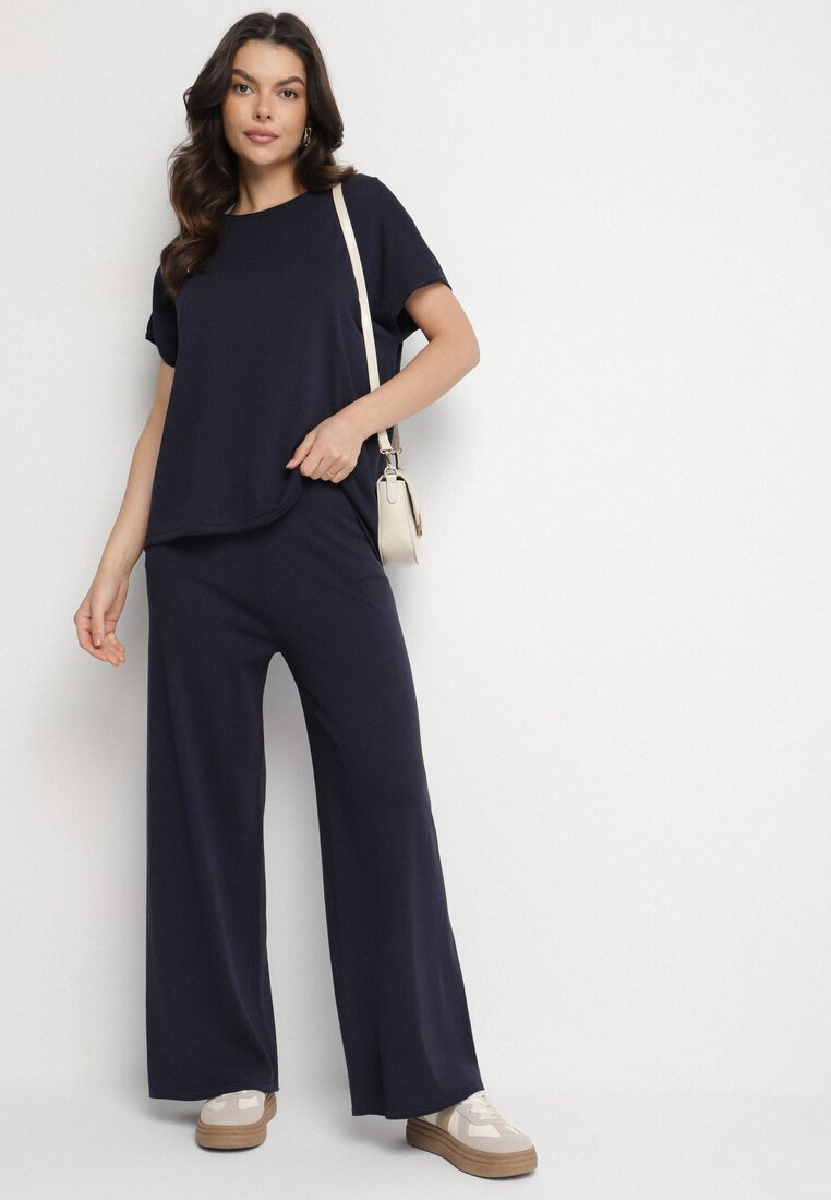 by swan Set din Vâscoză Bleumarin Pantaloni Largi și Tricou Inelora