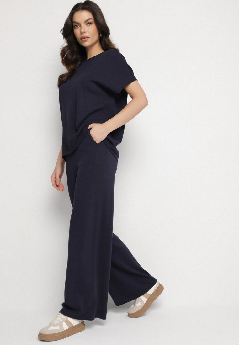 by swan Set din Vâscoză Bleumarin Pantaloni Largi și Tricou Inelora