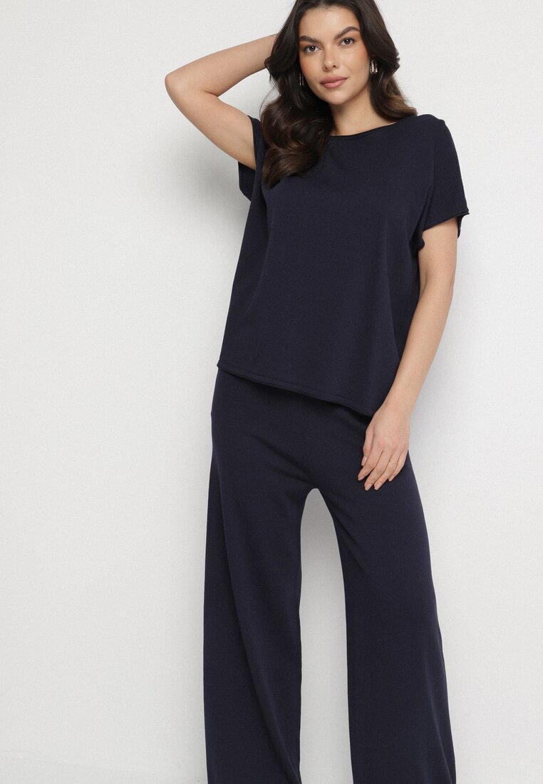 by swan Set din Vâscoză Bleumarin Pantaloni Largi și Tricou Inelora