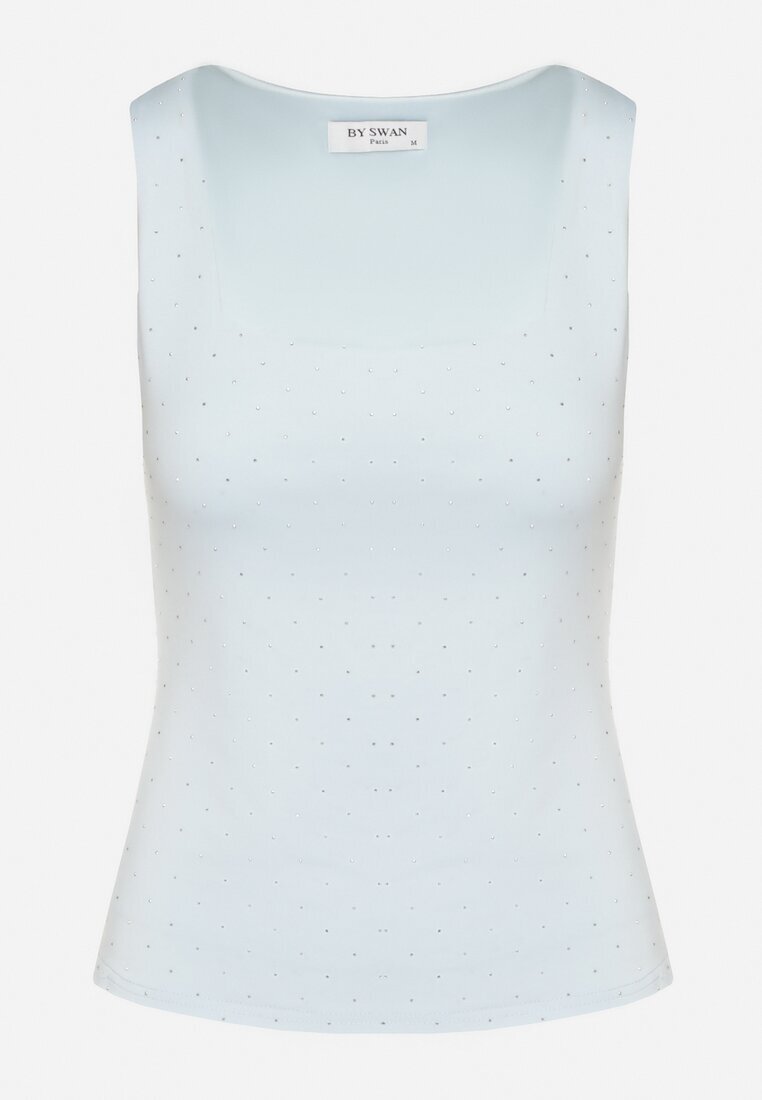 by swan Top Albastru deschis Mulat cu Viscoză cu Decolteu Pătrat Decorat cu Zirconii Zindrina